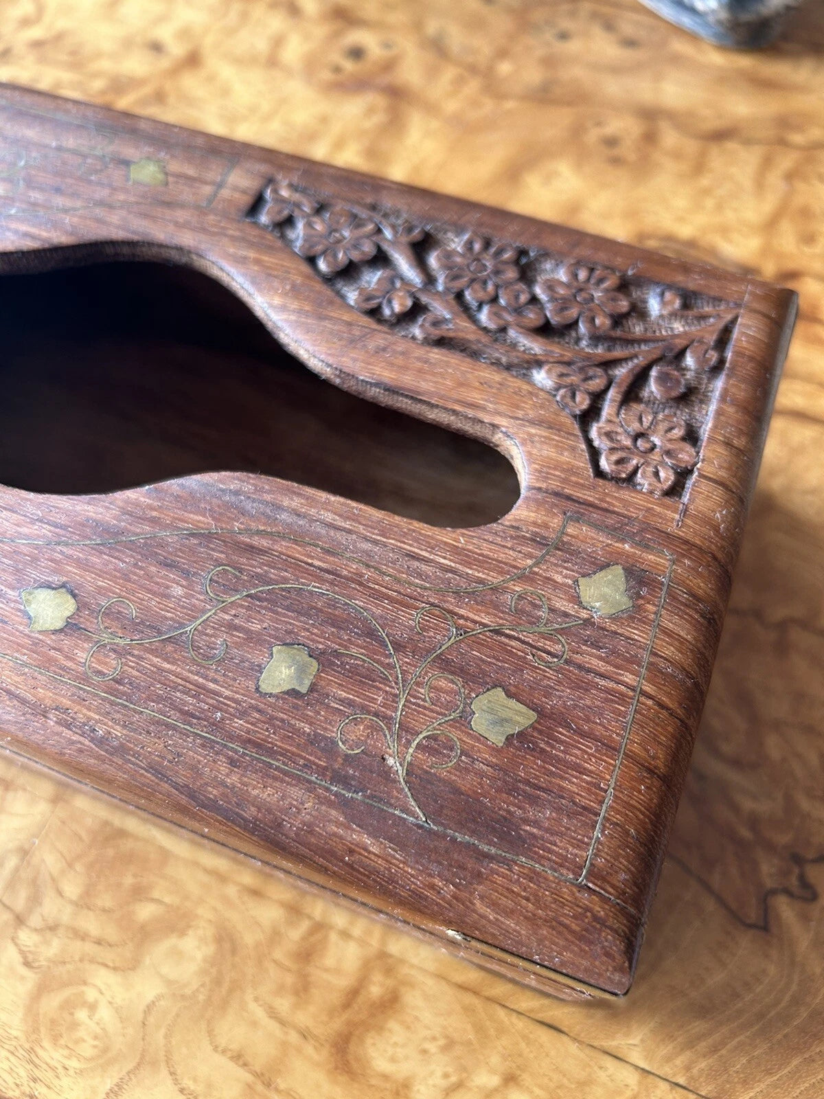 Hand Carved Wood Brass Inlay Tissue or Napkin Box Holder India Boho Decor | eBay