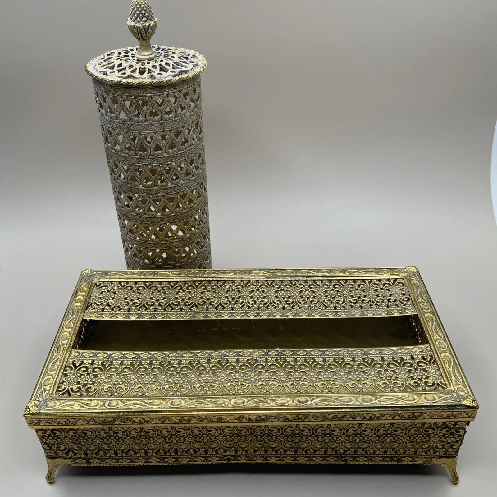 Hollywood Regency 2 Piece Bath Vanity Accessories Gold Tone Filigree Brass? | eBay