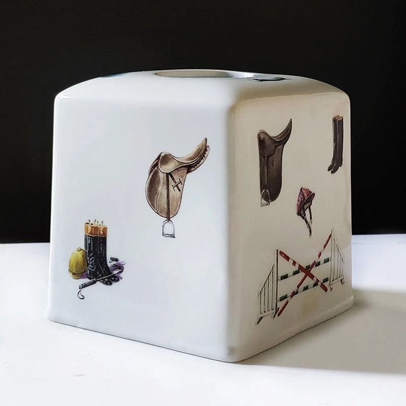 The Huntsman Porcelain Tissue Box Cover w/ Equestrian Gear and Riding equipment | eBay