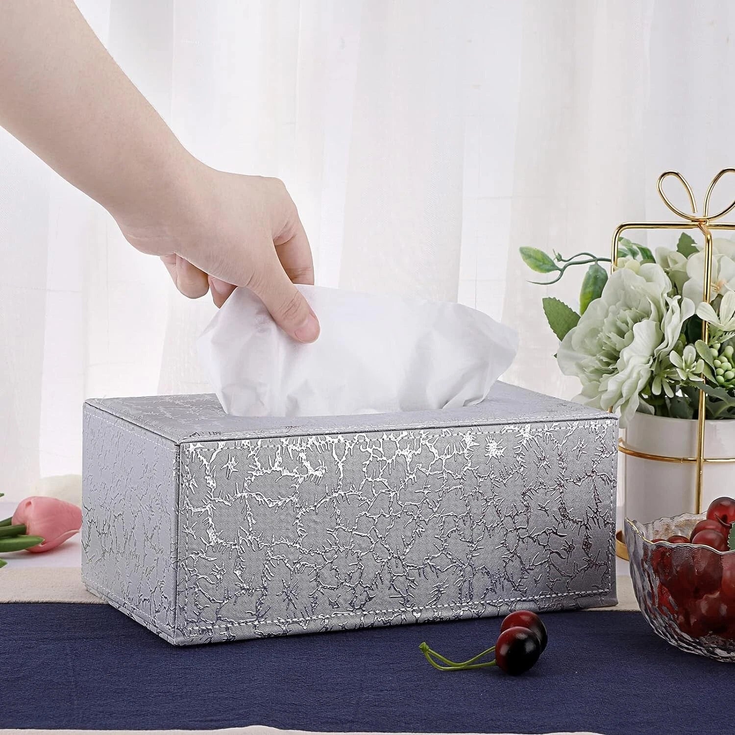 Rectangular Leather Tissue Box Cover with Magnetic Bottom - Silver | eBay