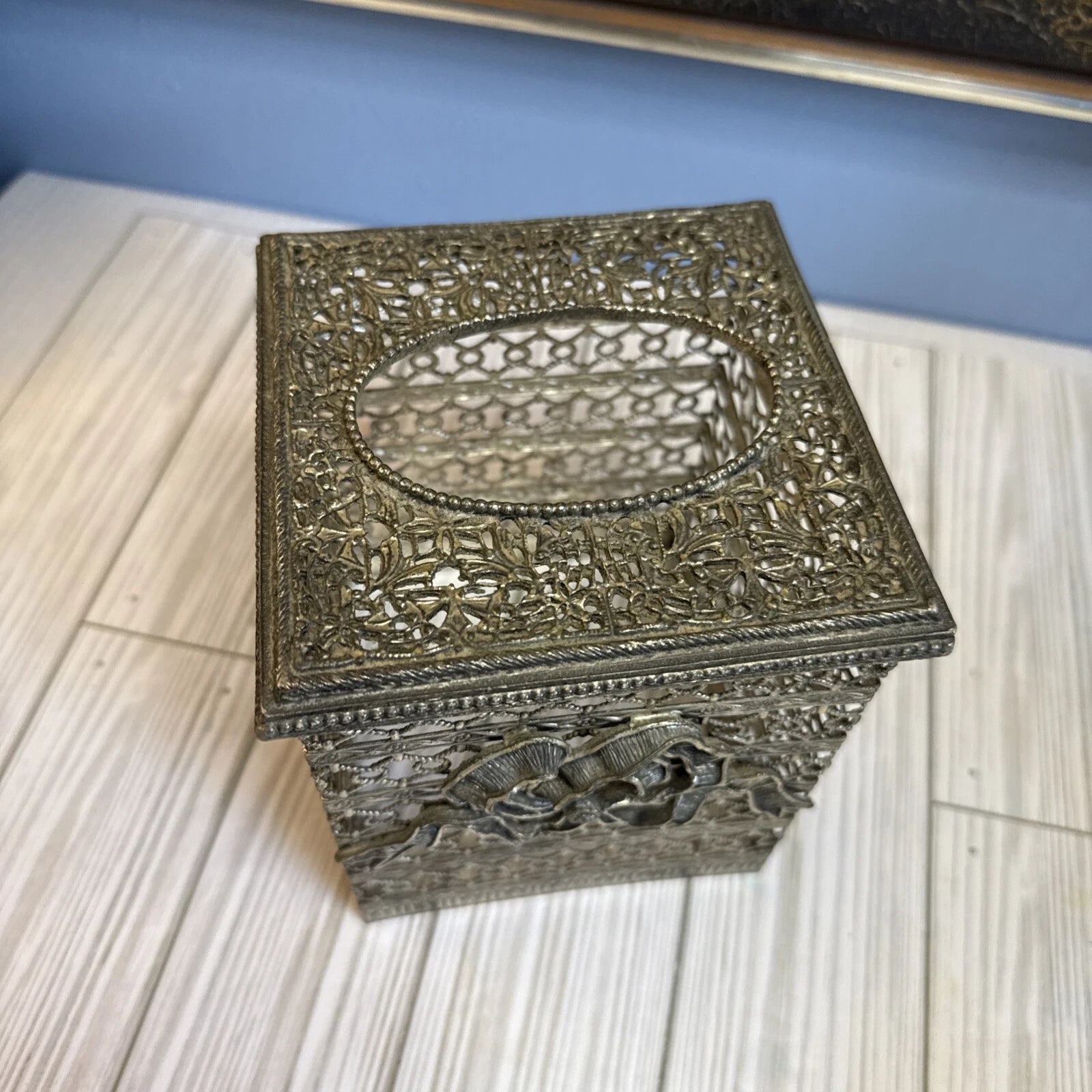 Hollywood Regency MCM Metal Gold Filigree Square Tissue Box Cover Applied Bow | eBay