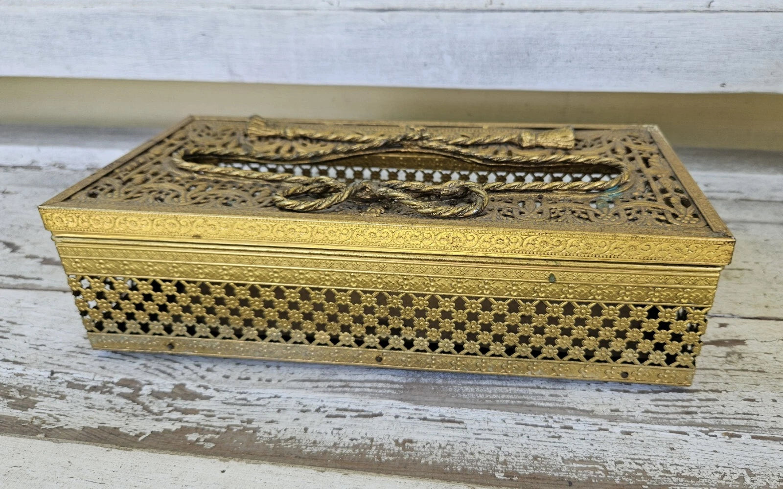 Antique Vintage Metal Bow Filigree Tissue Box Cover Holder Gold Tone Removable | eBay