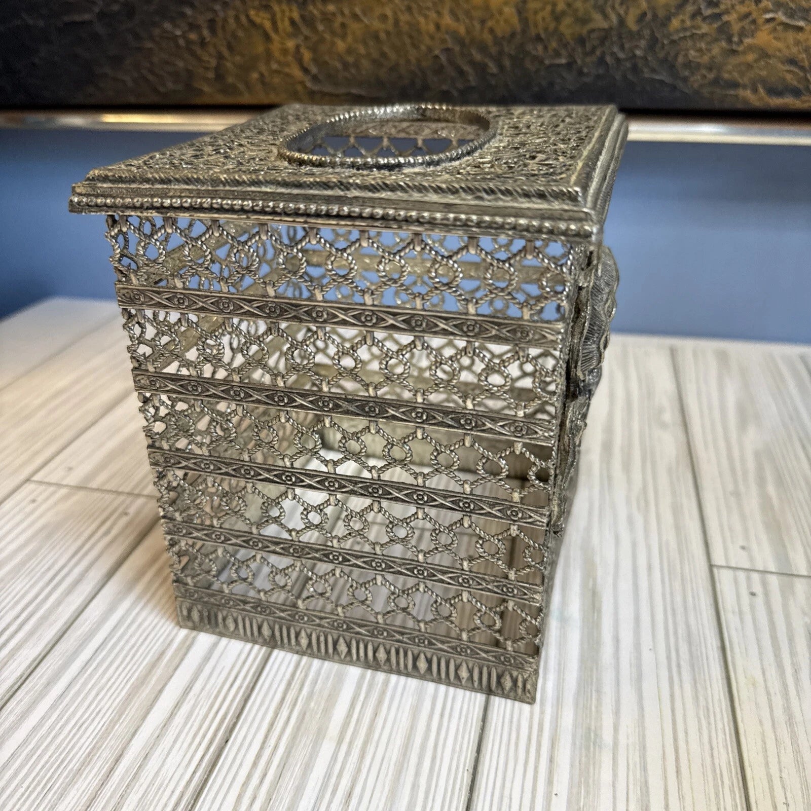 Hollywood Regency MCM Metal Gold Filigree Square Tissue Box Cover Applied Bow | eBay