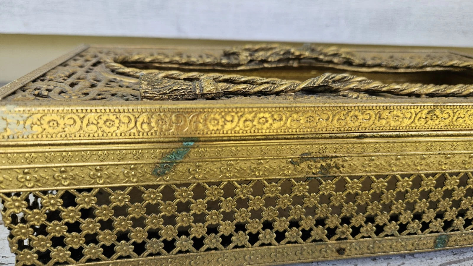 Antique Vintage Metal Bow Filigree Tissue Box Cover Holder Gold Tone Removable | eBay