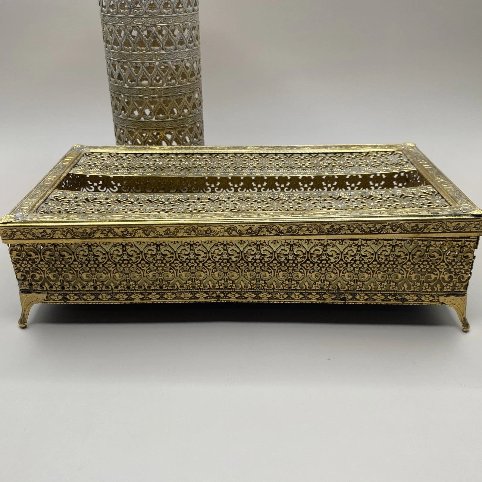 Hollywood Regency 2 Piece Bath Vanity Accessories Gold Tone Filigree Brass? | eBay