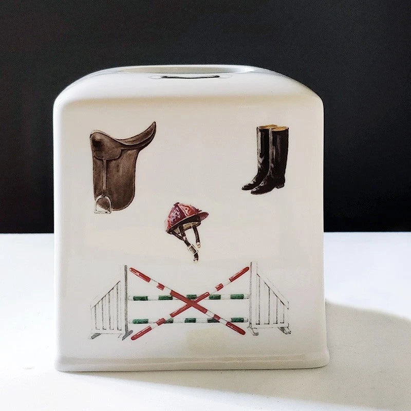 The Huntsman Porcelain Tissue Box Cover w/ Equestrian Gear and Riding equipment | eBay