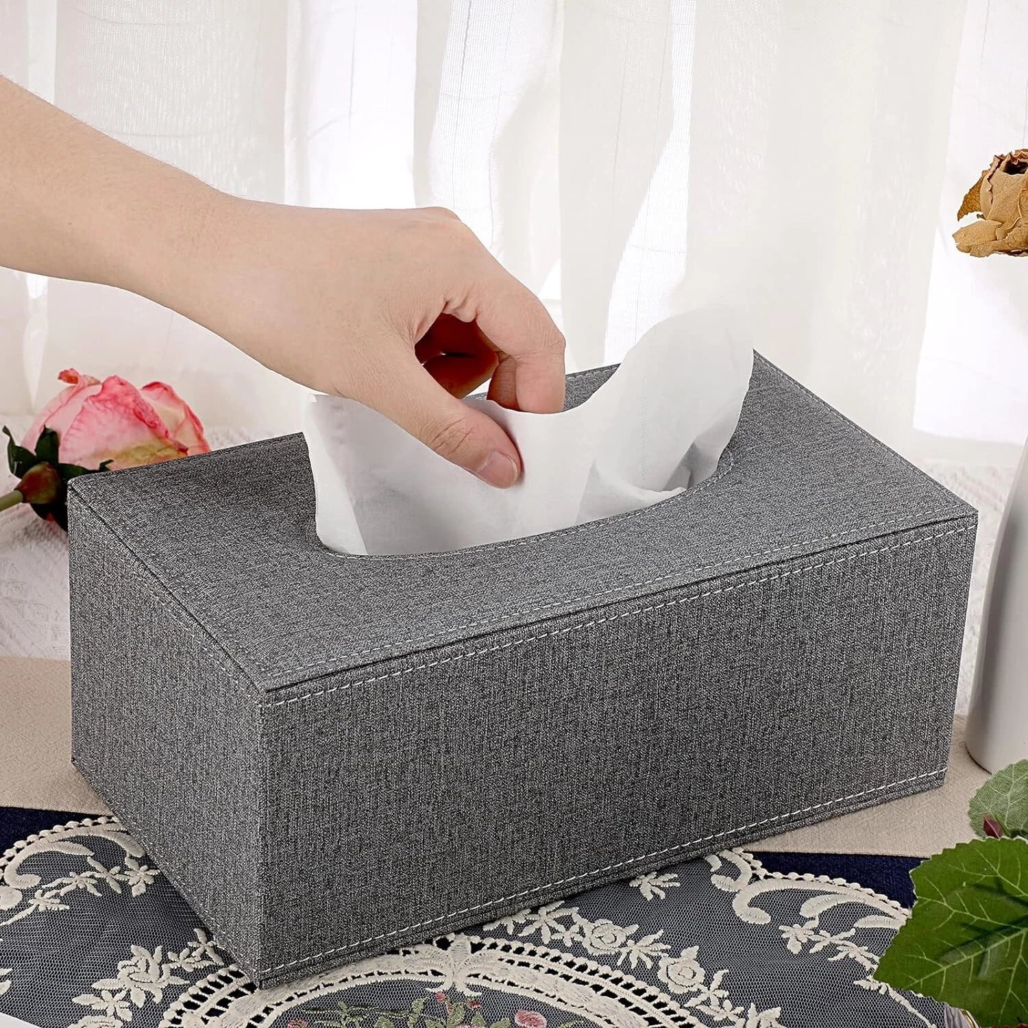 Grey Rectangular Linen Tissue Box Cover with Magnetic Bottom for Home or Office | eBay