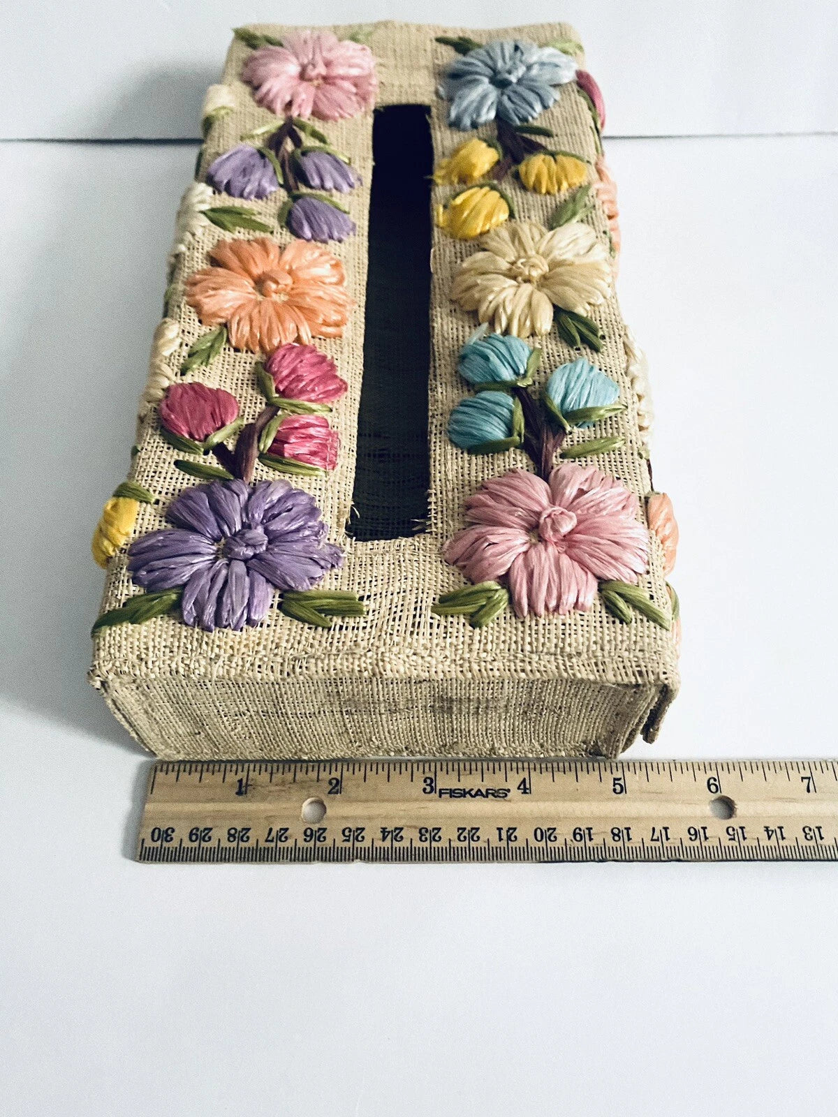 Straw Tissue Box Cover / Dispenser With Colorful Floral Embellishments Vintage | eBay