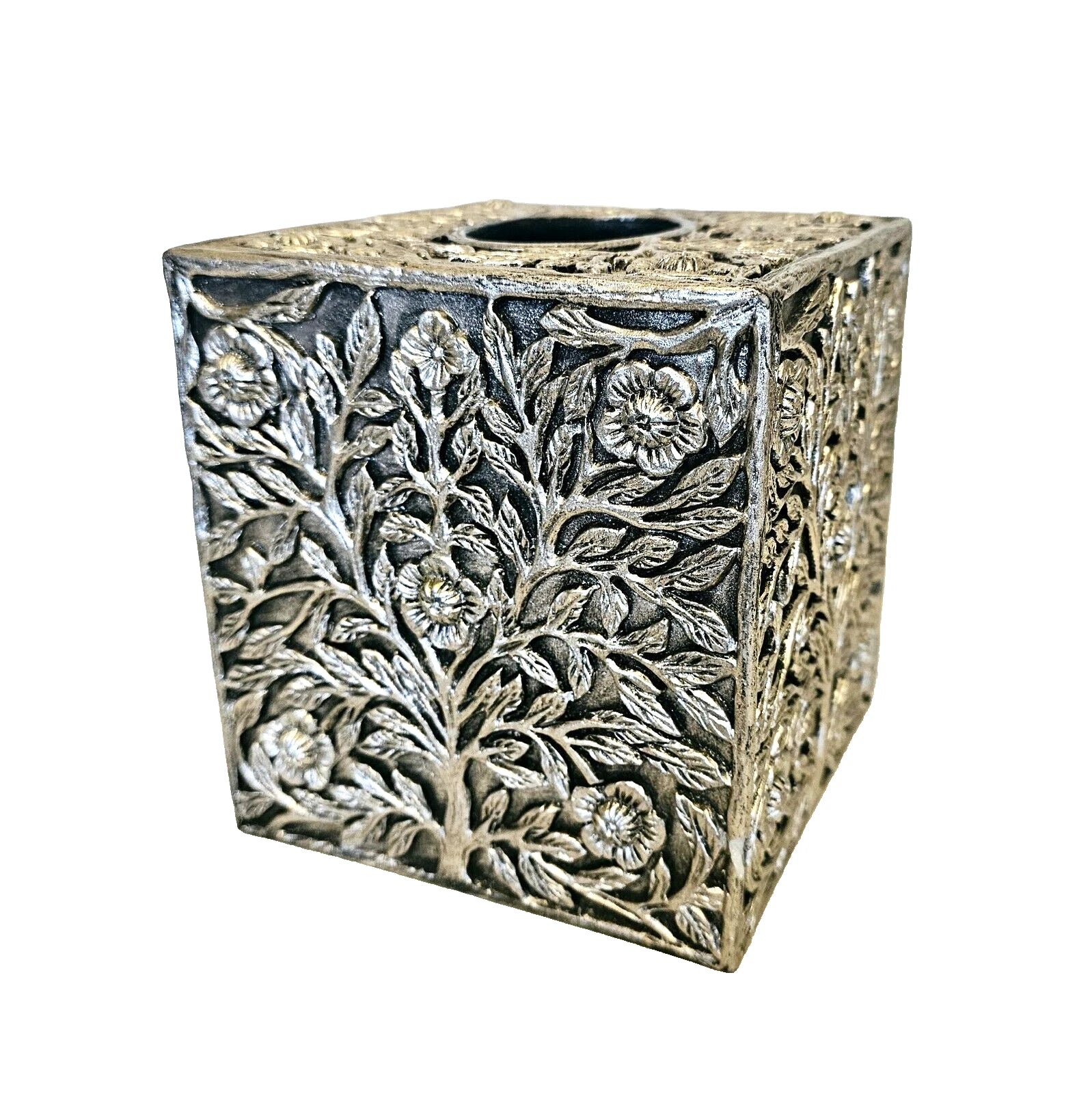 Nicole Miller Home Silver Tree Floral Resin 3D Tissue Box Cover HTF 5.5" x 6” | eBay