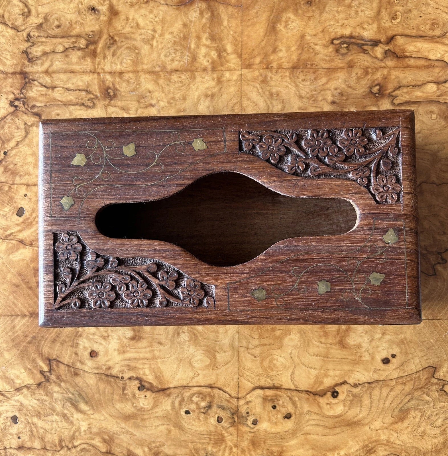 Hand Carved Wood Brass Inlay Tissue or Napkin Box Holder India Boho Decor | eBay
