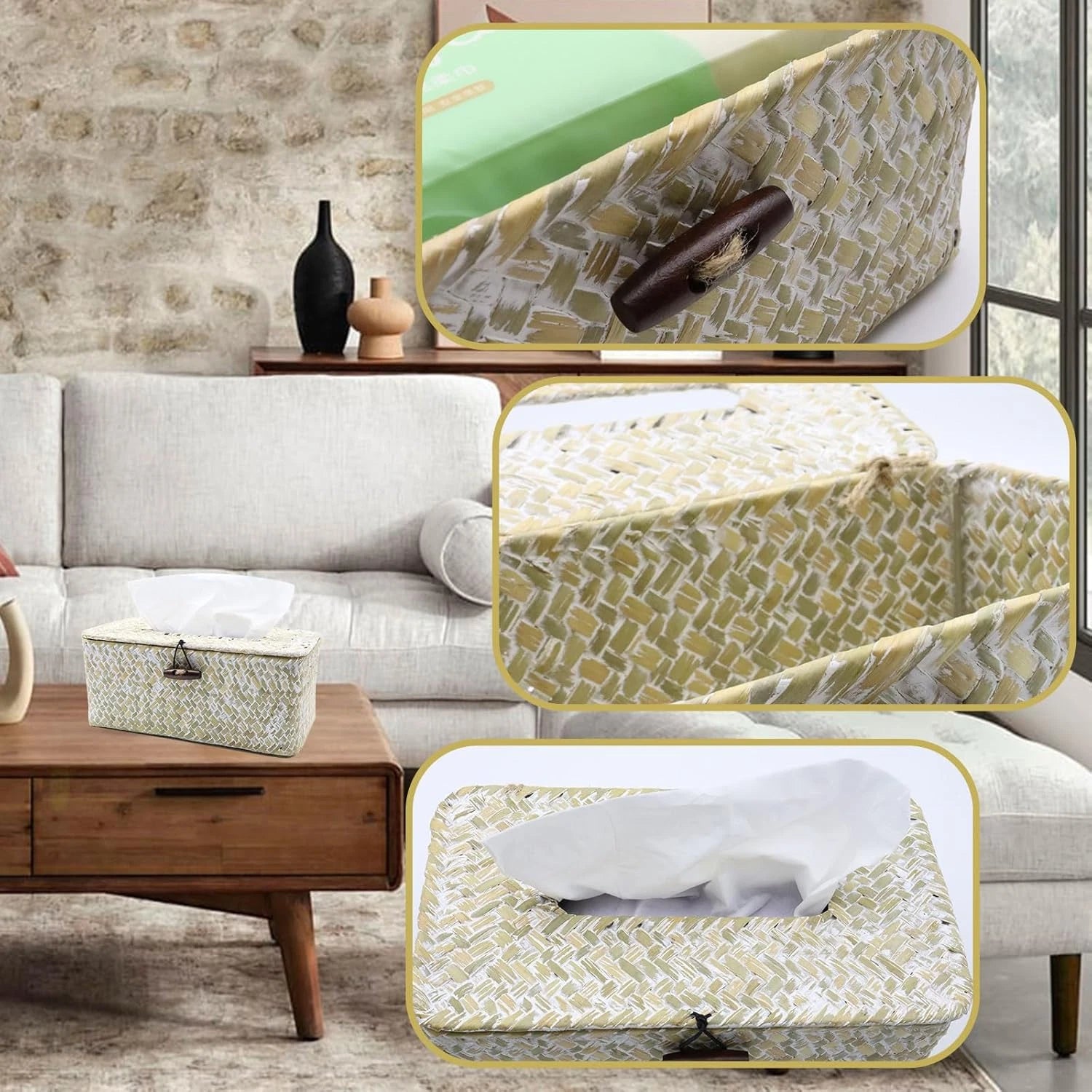 Tissue Box Cover Rectangle Seagrass Tissue Box,Woven Tissue Box Holder with Lid, | eBay