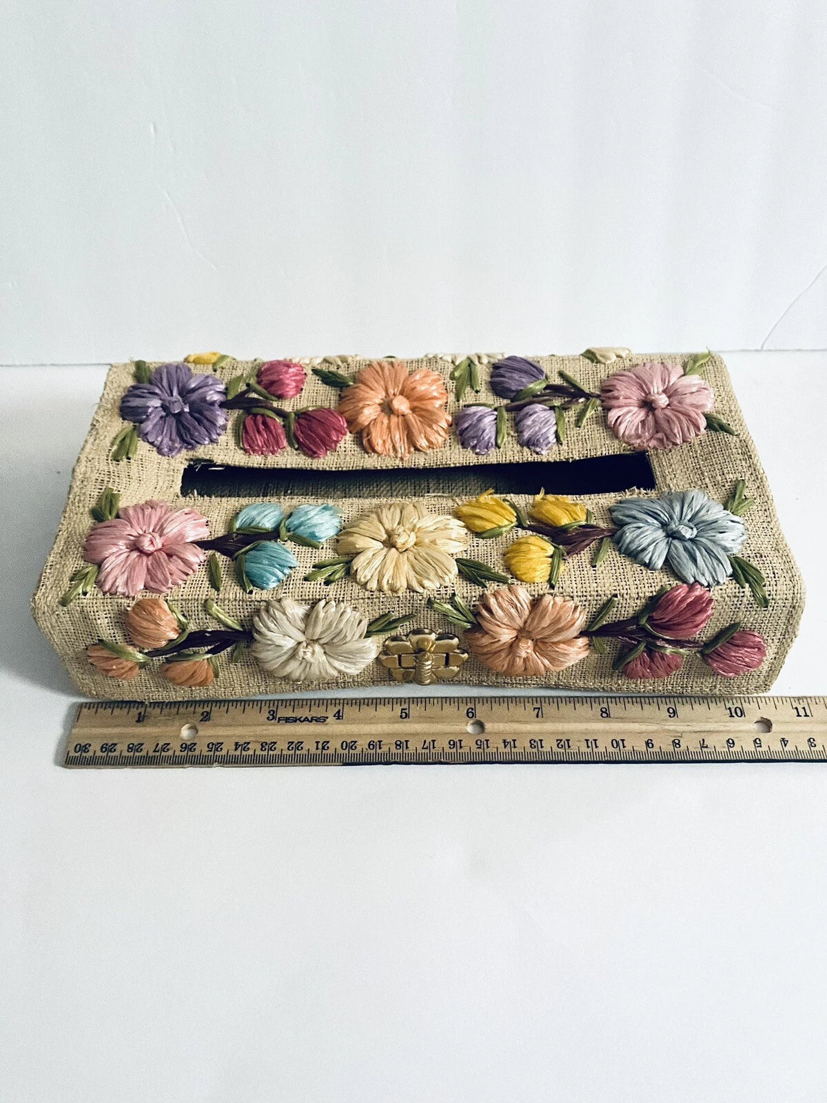 Straw Tissue Box Cover / Dispenser With Colorful Floral Embellishments Vintage | eBay