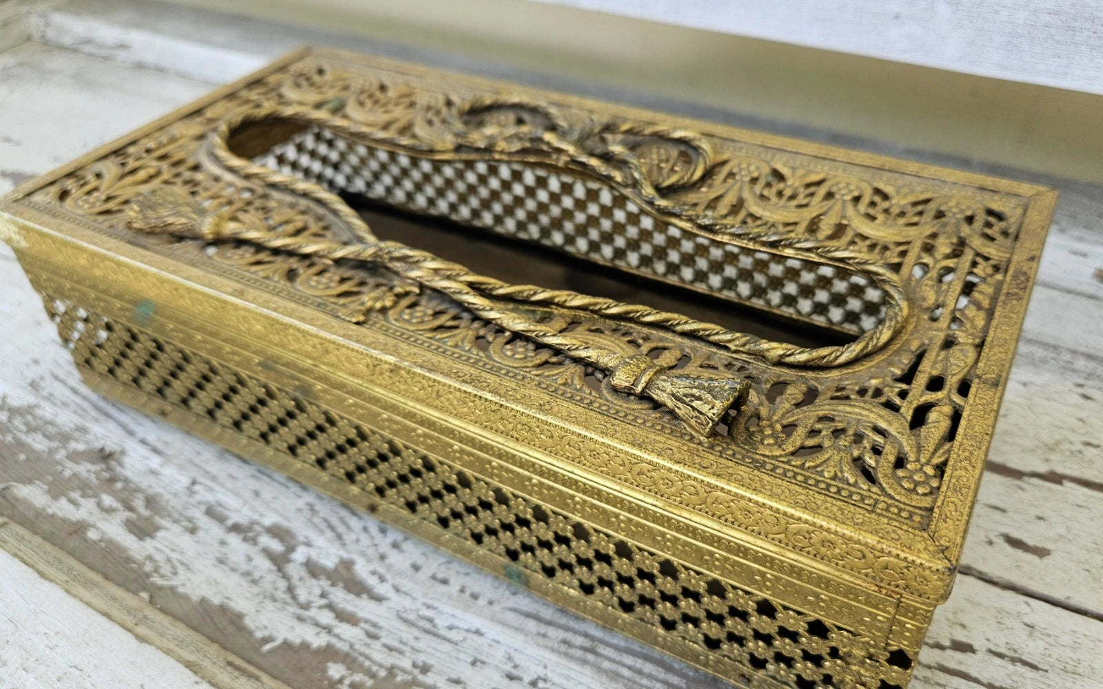 Antique Vintage Metal Bow Filigree Tissue Box Cover Holder Gold Tone Removable | eBay