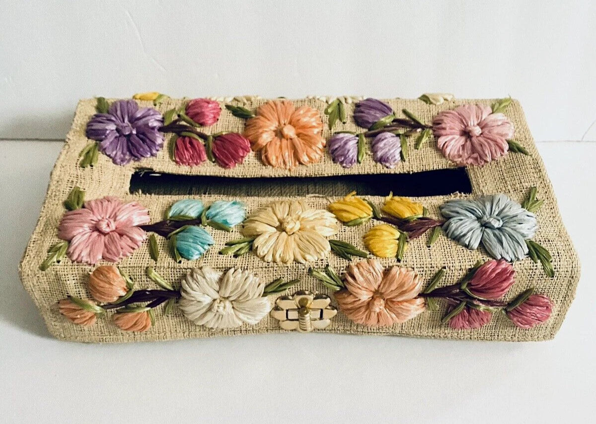 Straw Tissue Box Cover / Dispenser With Colorful Floral Embellishments Vintage | eBay