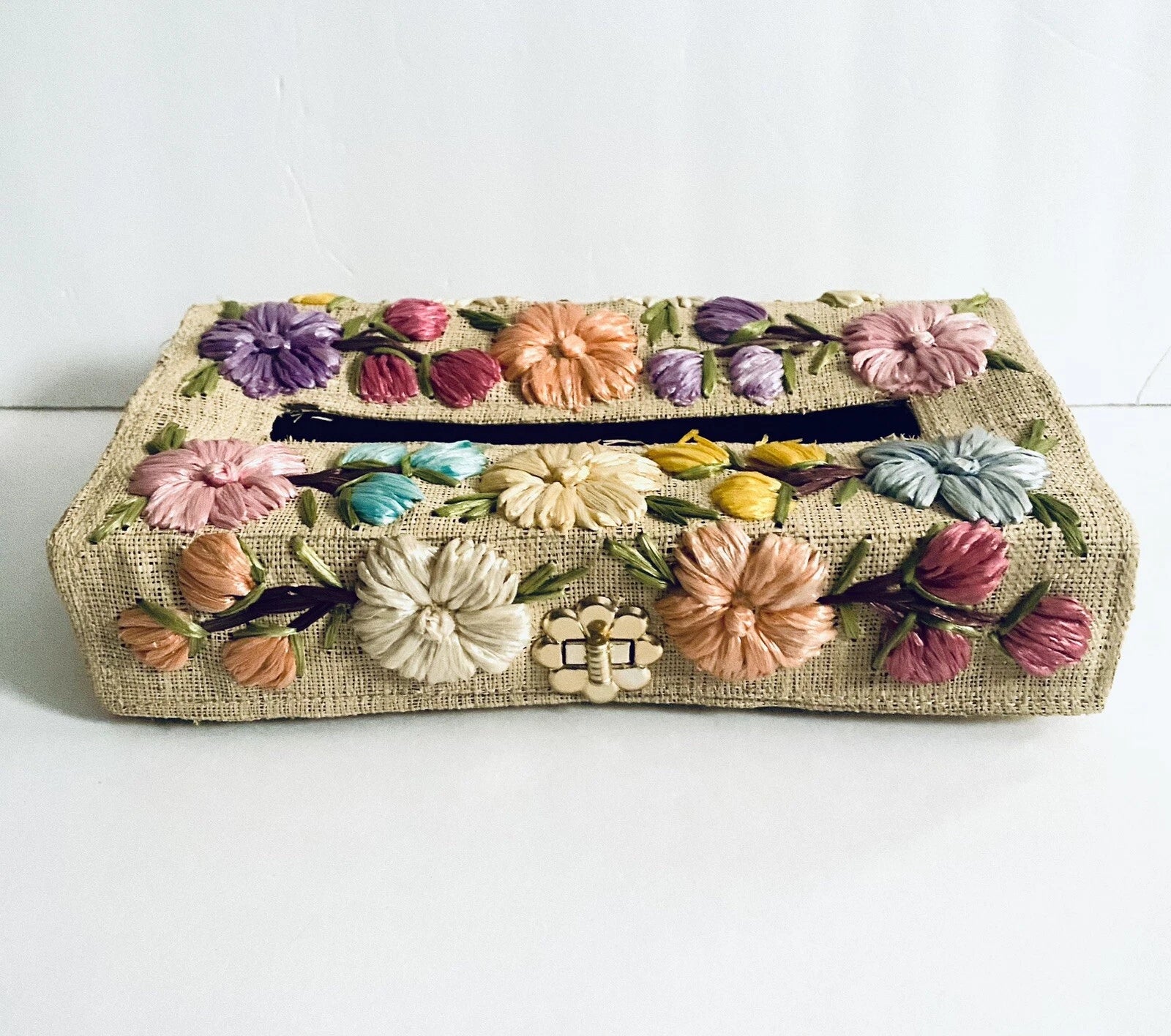 Straw Tissue Box Cover / Dispenser With Colorful Floral Embellishments Vintage | eBay