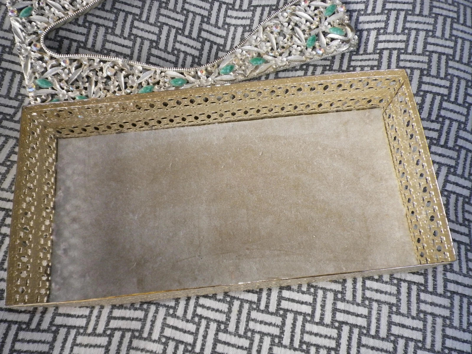 Vintage Gold Tone Metal Tissue Box Holder Filigree green stone aurora borealis | eBay