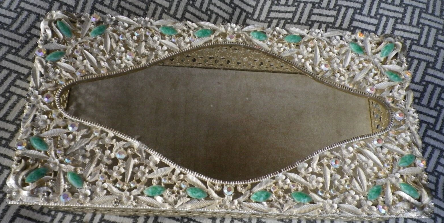 Vintage Gold Tone Metal Tissue Box Holder Filigree green stone aurora borealis | eBay