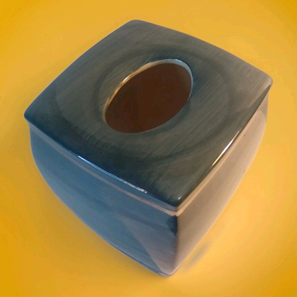 Nicole Miller Ceramic Tissue Box Cover Blue w/Silver Trim, lower corner chip | eBay