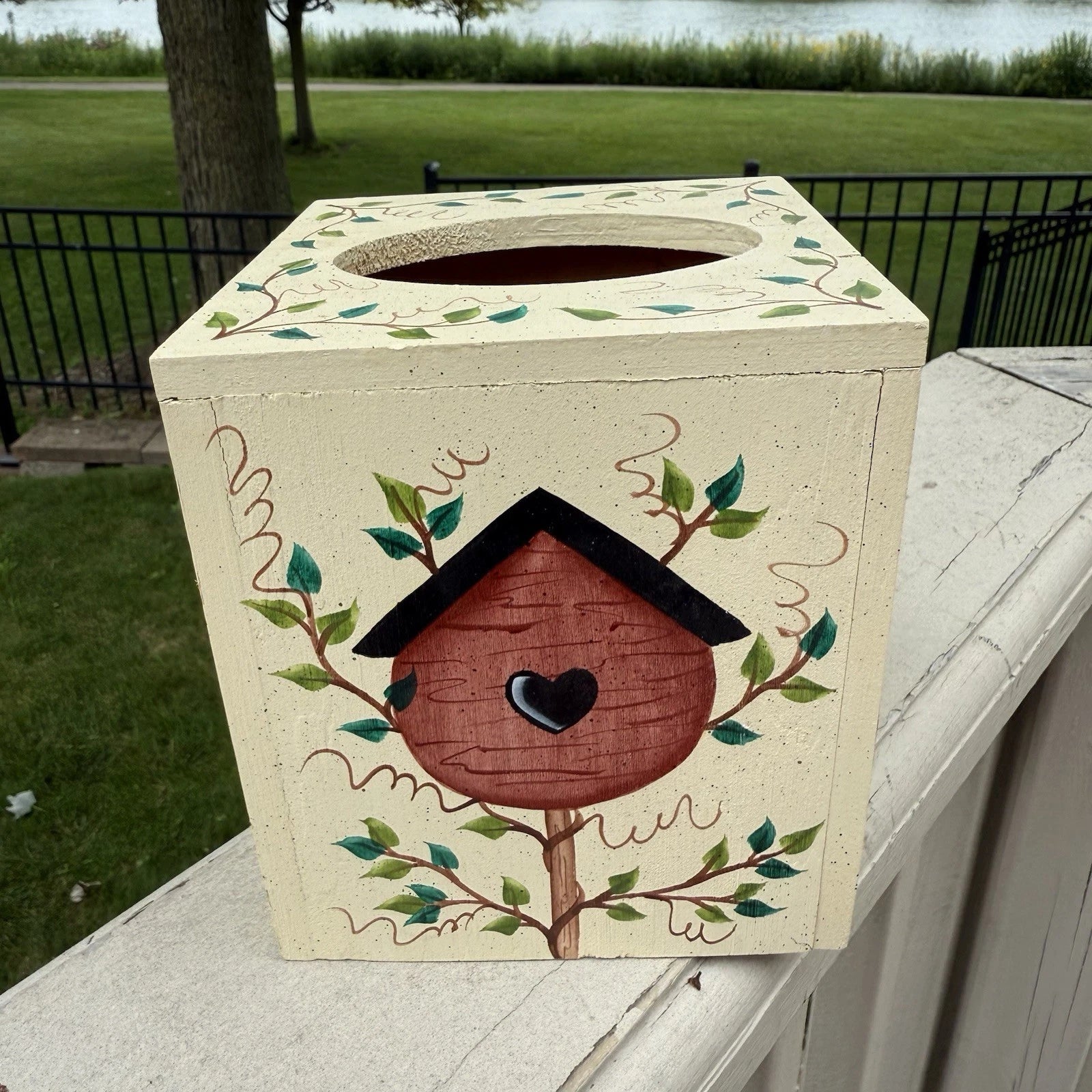 VTG Wood Birdhouse Leaves Cottage Tissue Box Cover Country Shabby Hand Painted | eBay