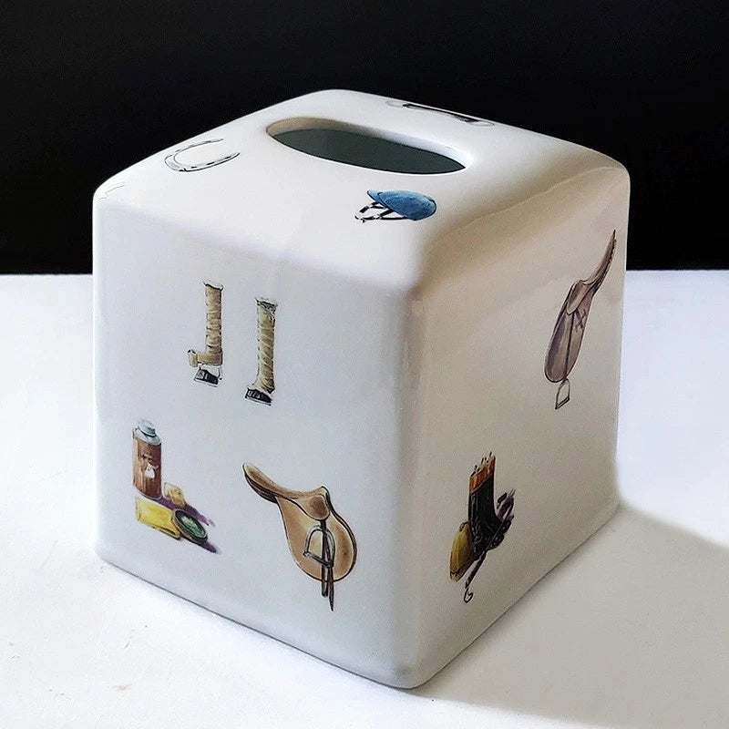 The Huntsman Porcelain Tissue Box Cover w/ Equestrian Gear and Riding equipment | eBay
