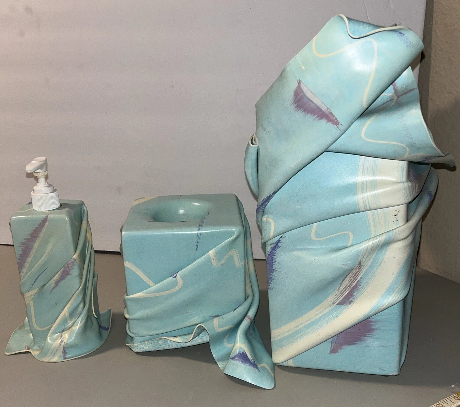 Vintage Blue Green Swirl Tissue Box Holder Soap Dispenser Trash Bin Bath Set Art | eBay