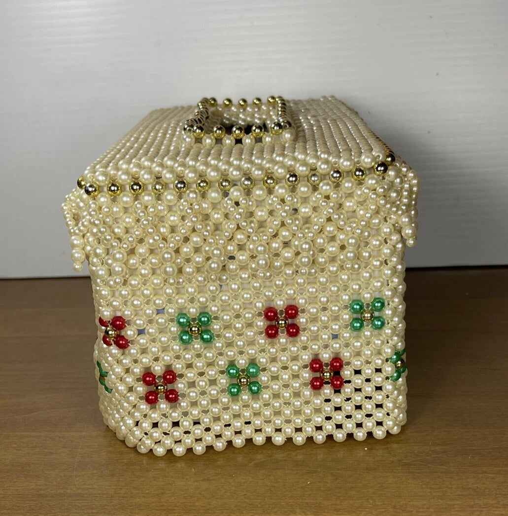 Vintage Beaded Tissue Box Holder Oblong Faux Pearl & Gold Beads Red Green Cover | eBay