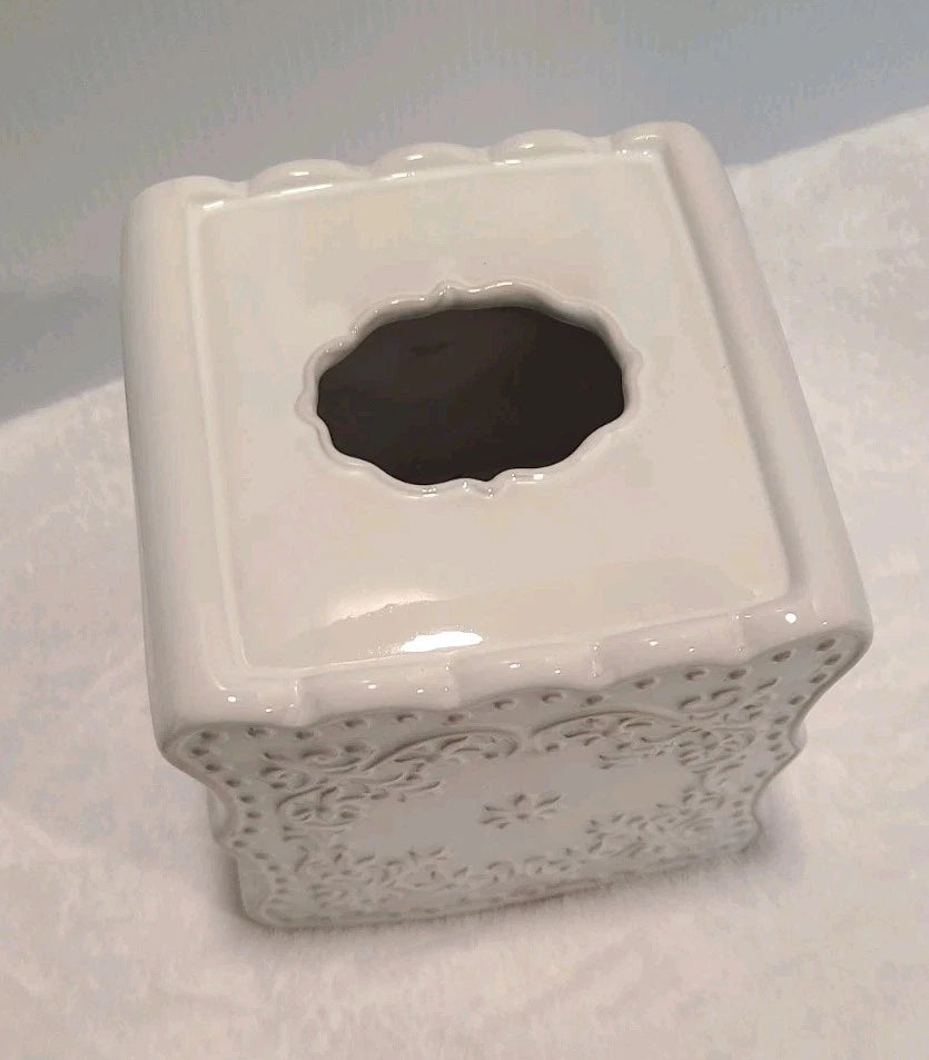 White CREATIVE BATH Floral Lace Ceramic Tissue Box Cover- 6.25" Square | eBay