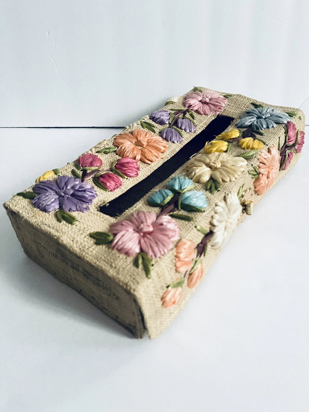 Straw Tissue Box Cover / Dispenser With Colorful Floral Embellishments Vintage | eBay