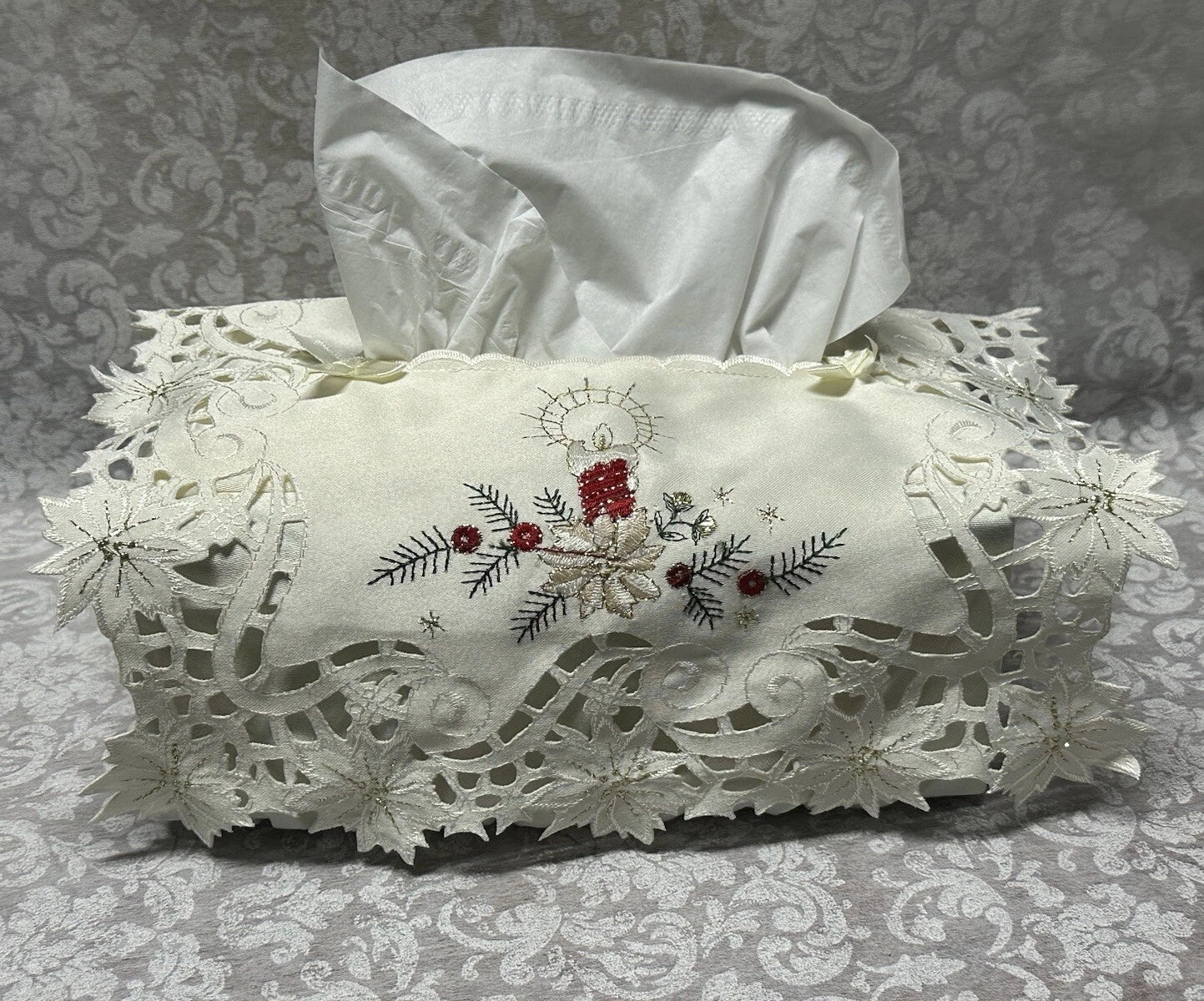 Vtg Hand Embroidery Tissue Box Cover Ornate Filigree Lace Christmas Candle New | eBay