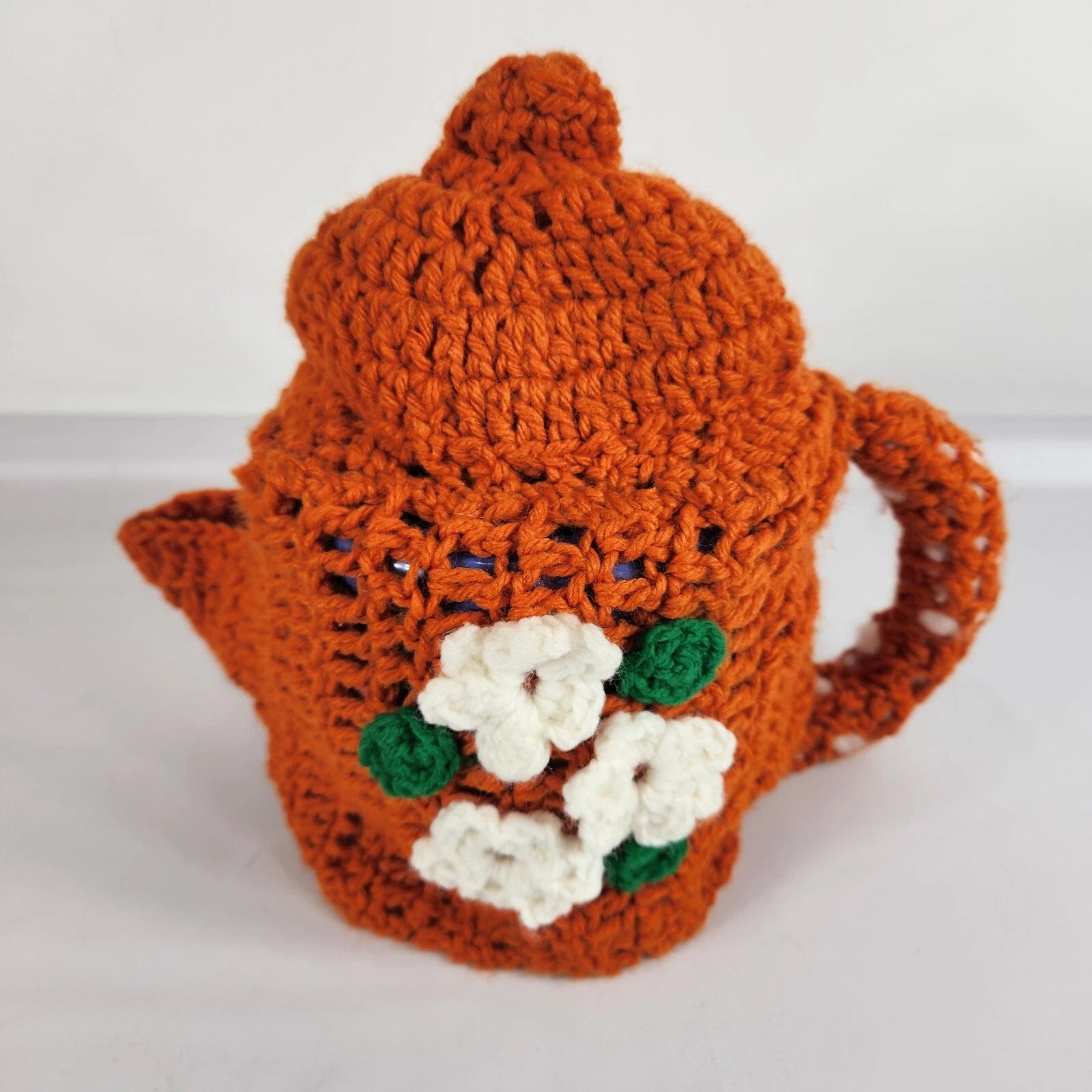Vintage Handmade Crocheted Teapot Tissue Box Cover Orange W Flowers Grannycore | eBay
