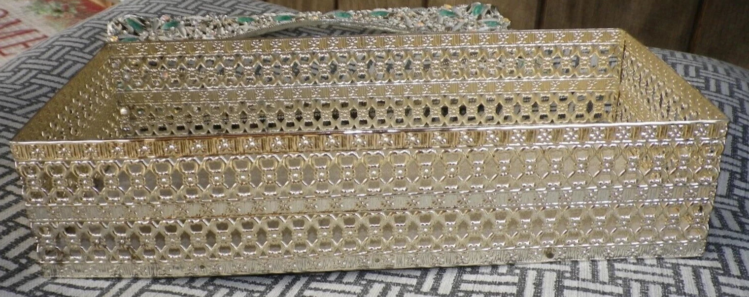 Vintage Gold Tone Metal Tissue Box Holder Filigree green stone aurora borealis | eBay