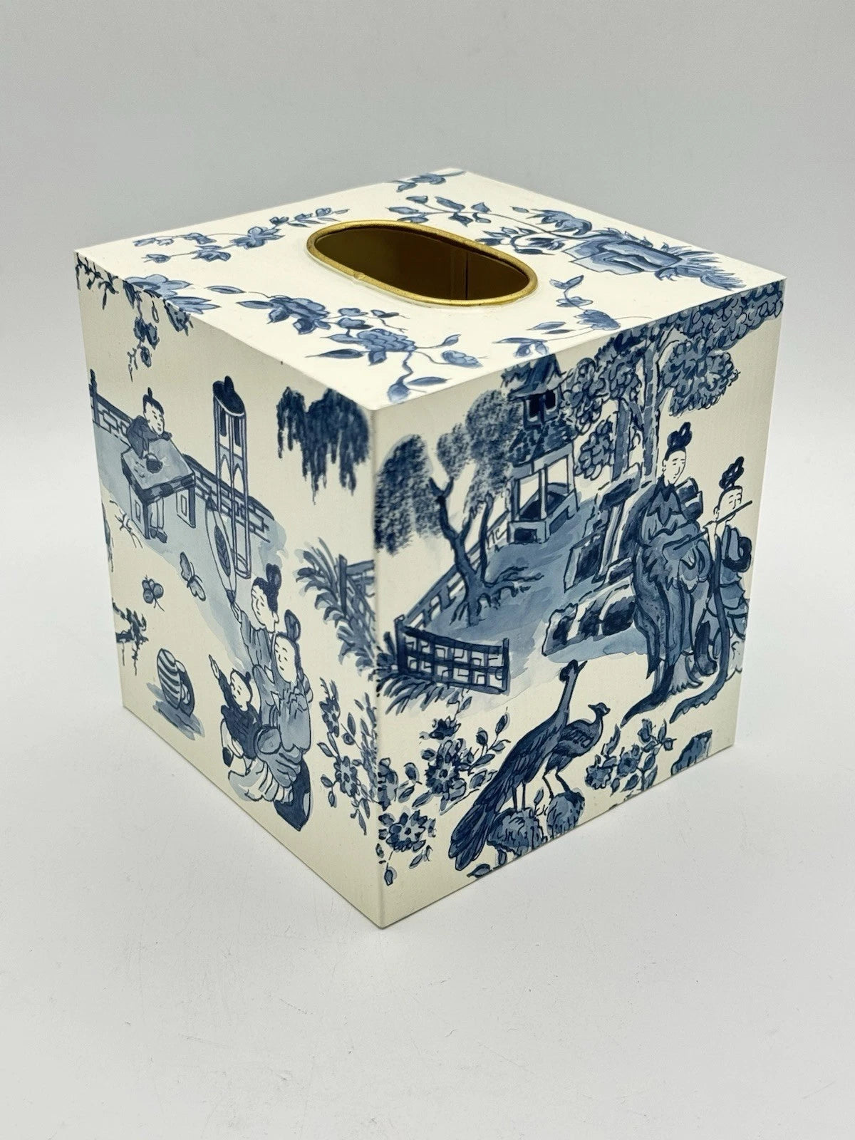 Vintage Metal Chinoiserie Tissue Box Cover – Blue & Cream Scenic Design Toleware | eBay