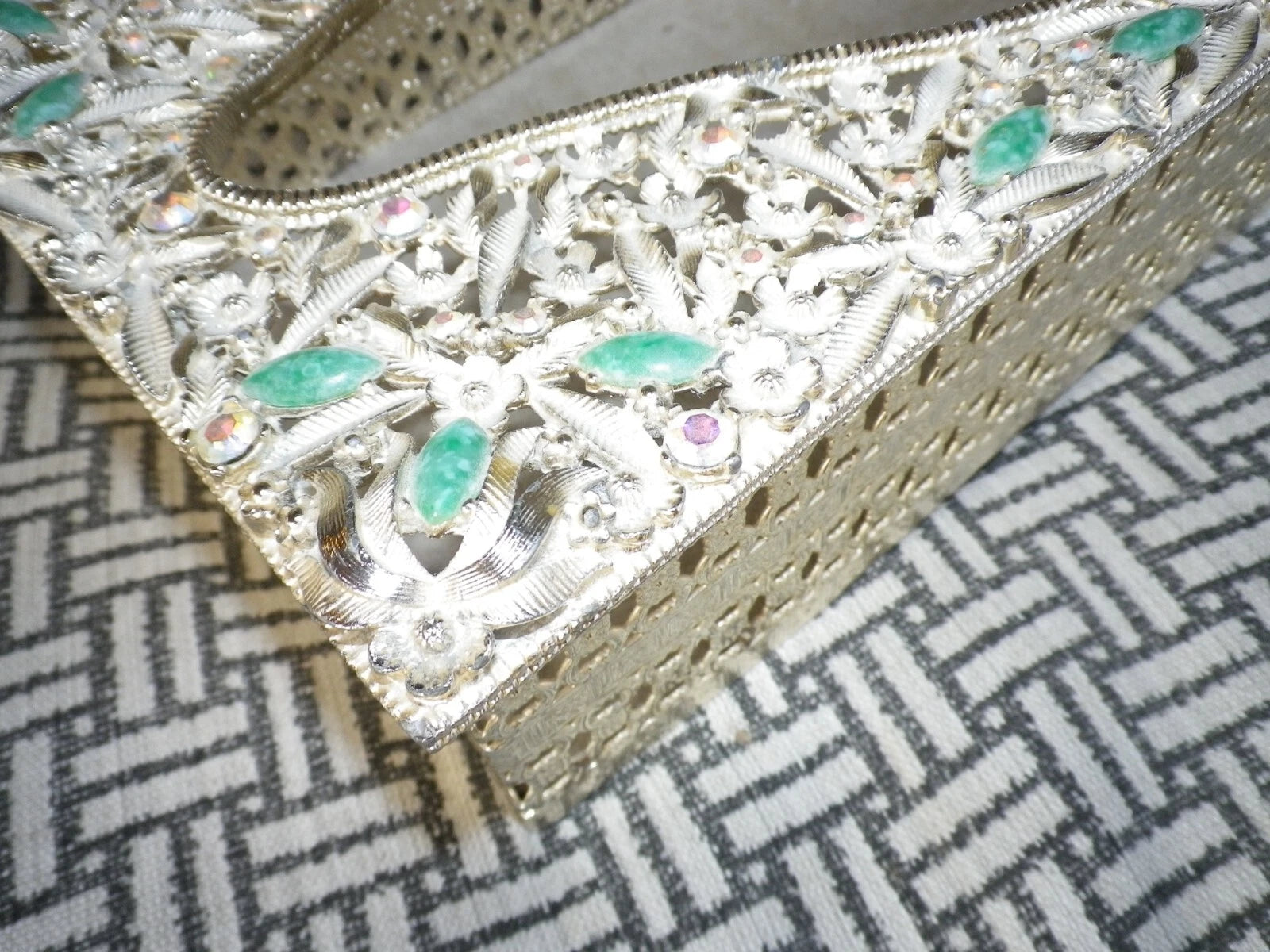 Vintage Gold Tone Metal Tissue Box Holder Filigree green stone aurora borealis | eBay