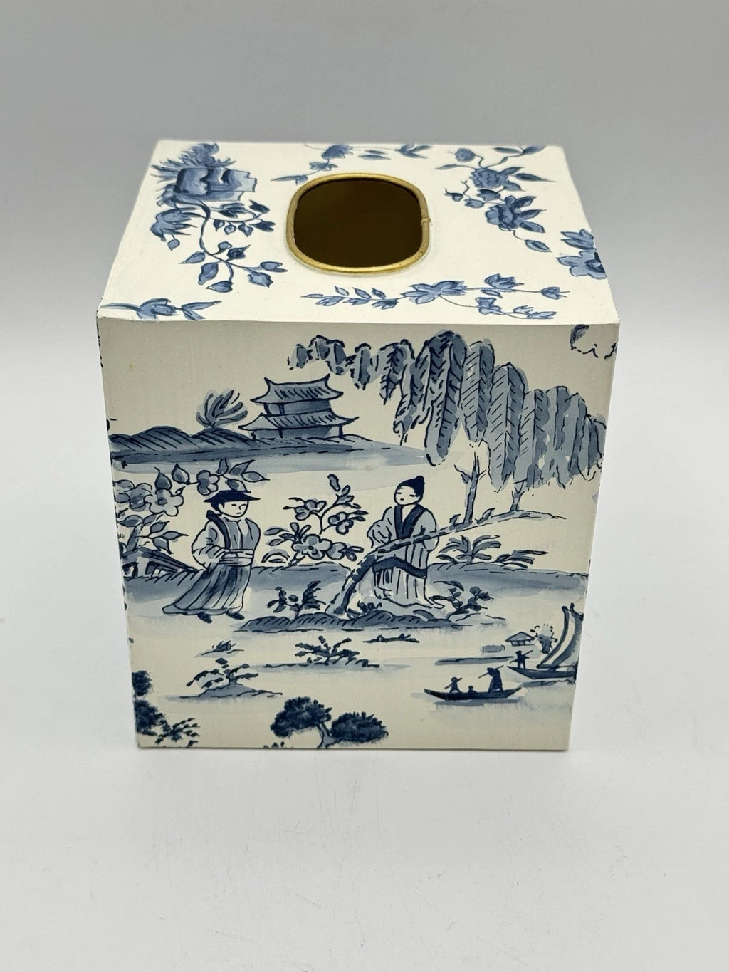 Vintage Metal Chinoiserie Tissue Box Cover – Blue & Cream Scenic Design Toleware | eBay