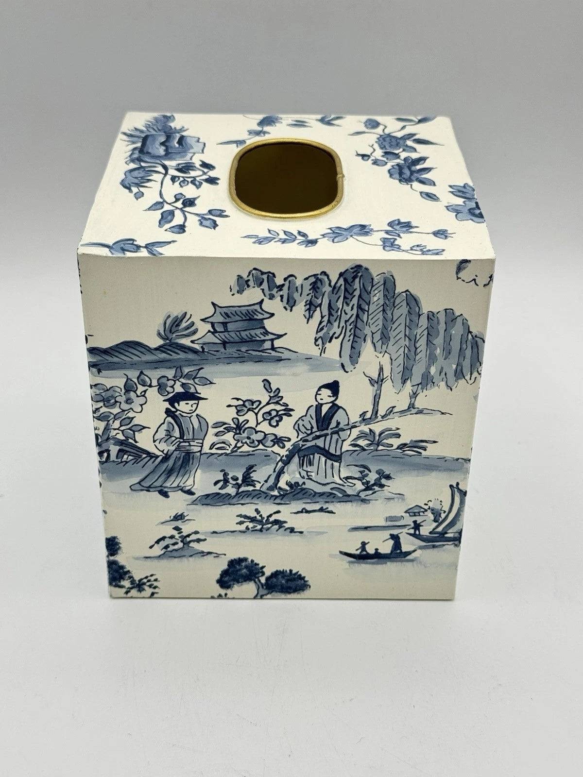 Vintage Metal Chinoiserie Tissue Box Cover – Blue & Cream Scenic Design Toleware | eBay
