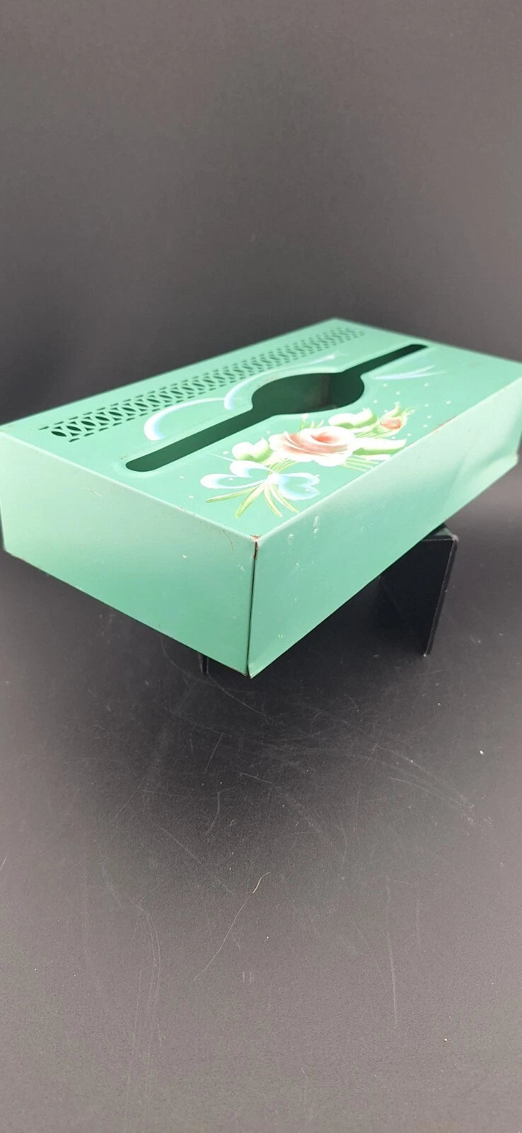 Vintage Tole Painted Metal Tissue Box Holder Retro Cottage Chic Roses on Green | eBay