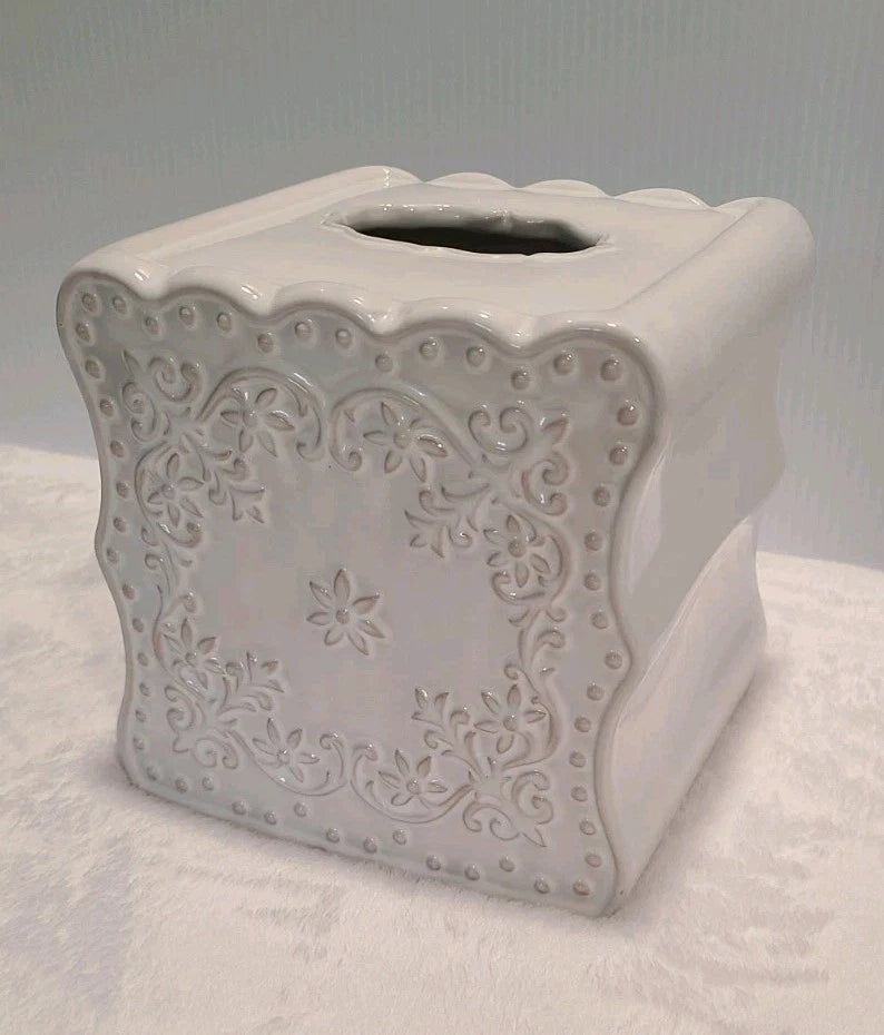 White CREATIVE BATH Floral Lace Ceramic Tissue Box Cover- 6.25" Square | eBay