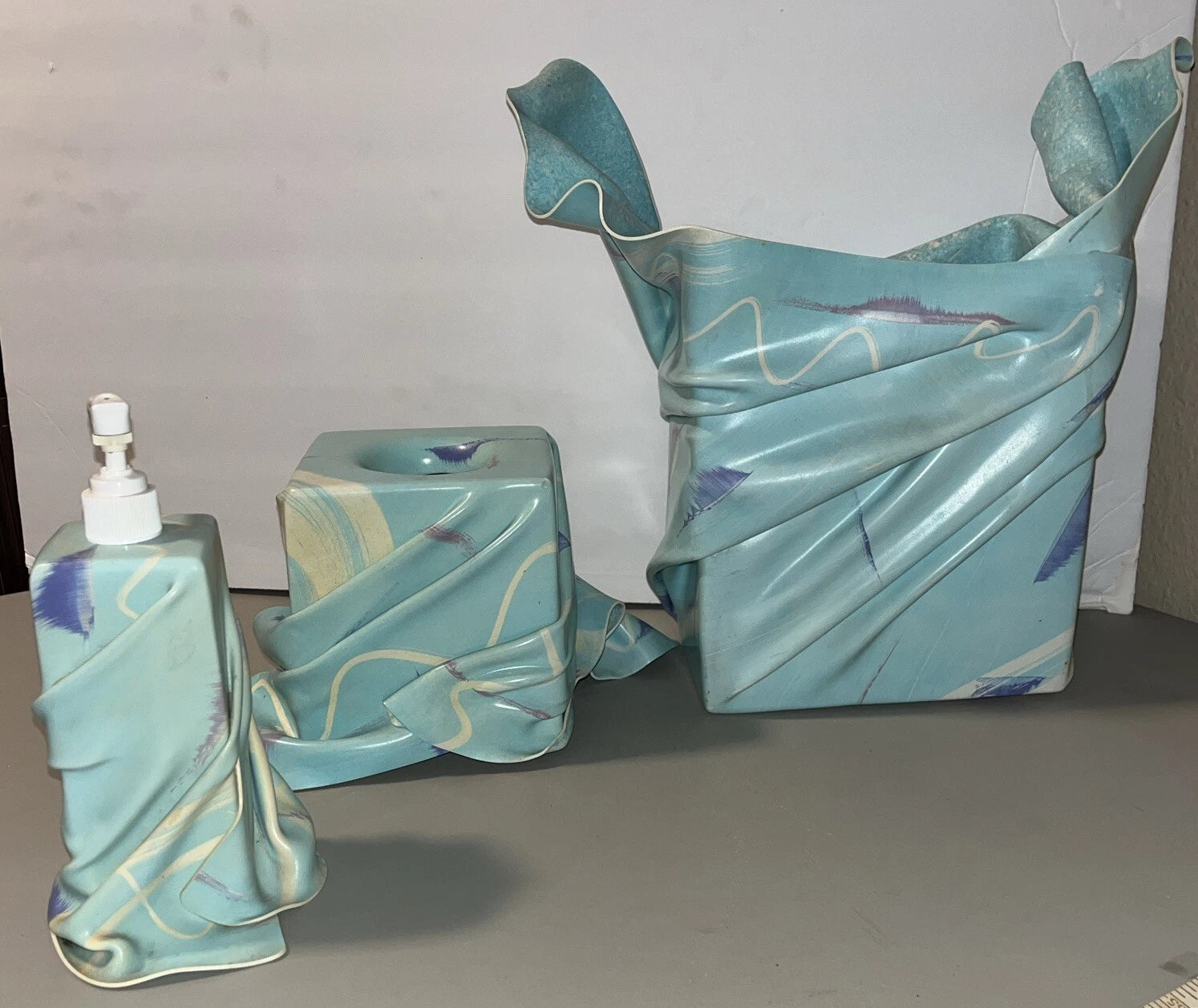 Vintage Blue Green Swirl Tissue Box Holder Soap Dispenser Trash Bin Bath Set Art | eBay