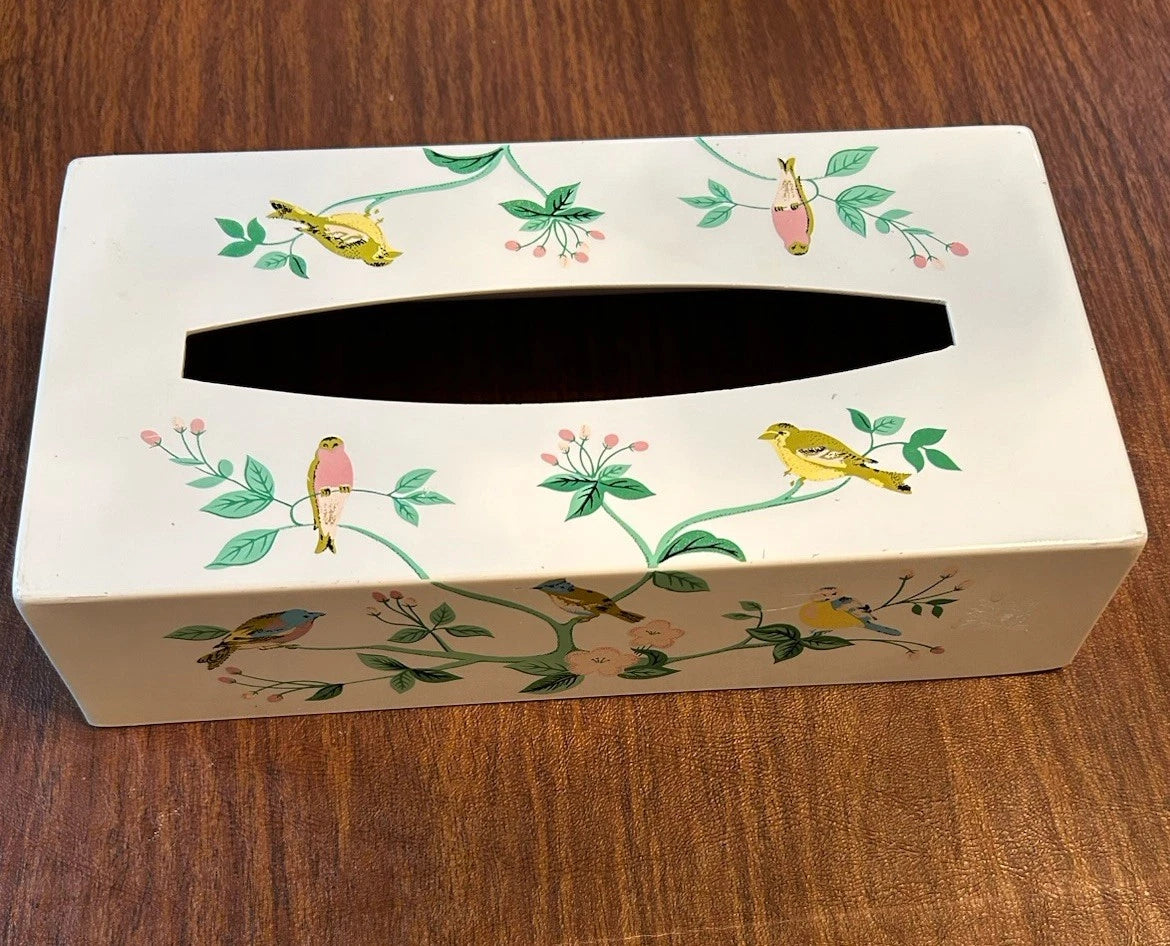 Vintage midcentury-style tissue box cover with birds, trees, florals | eBay