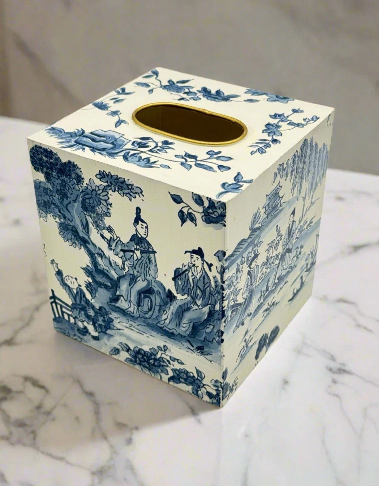 Vintage Metal Chinoiserie Tissue Box Cover – Blue & Cream Scenic Design Toleware | eBay