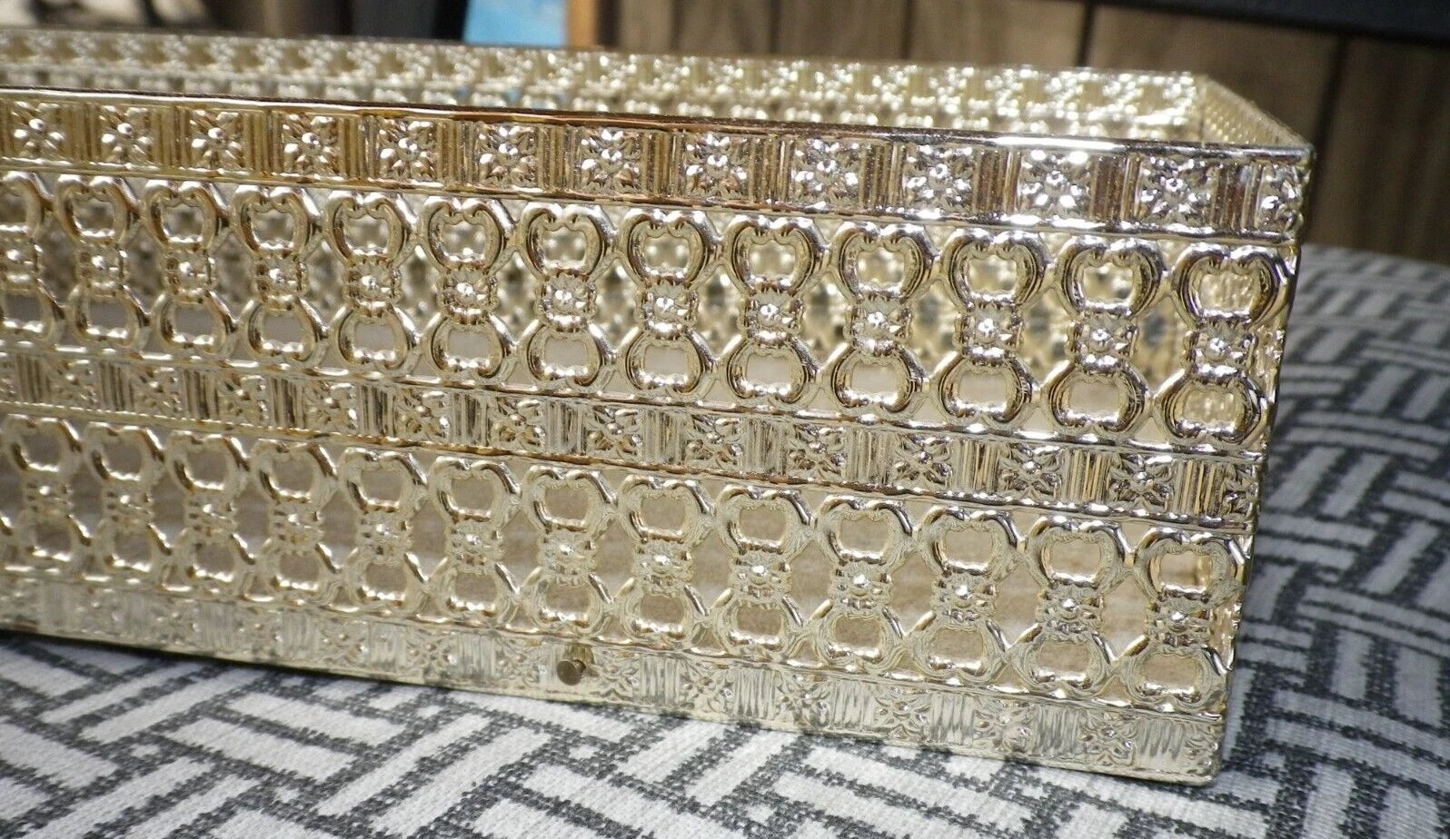Vintage Gold Tone Metal Tissue Box Holder Filigree green stone aurora borealis | eBay