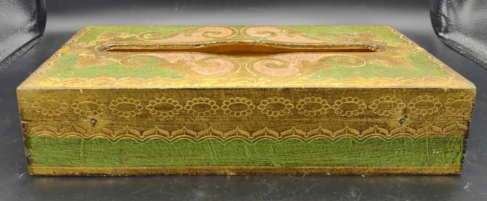 Vtg Florentine Italy Wood Tissue Box Cover Green Gold Gilt Hinged Hand Painted | eBay