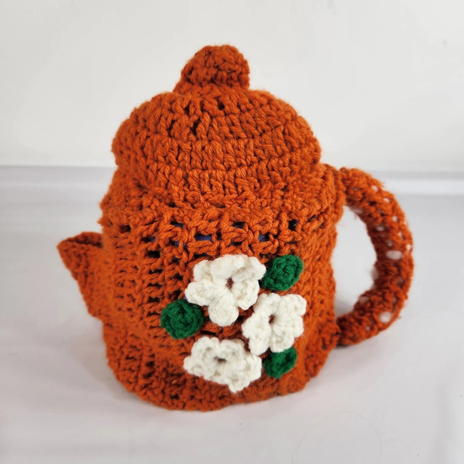 Vintage Handmade Crocheted Teapot Tissue Box Cover Orange W Flowers Grannycore | eBay