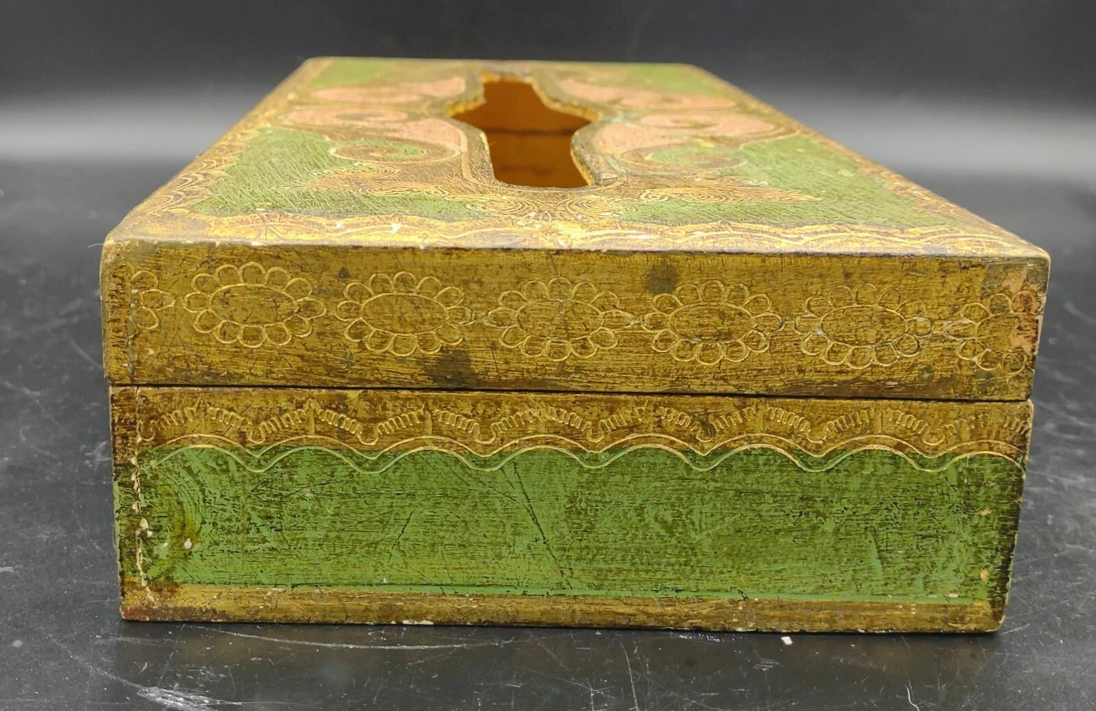 Vtg Florentine Italy Wood Tissue Box Cover Green Gold Gilt Hinged Hand Painted | eBay