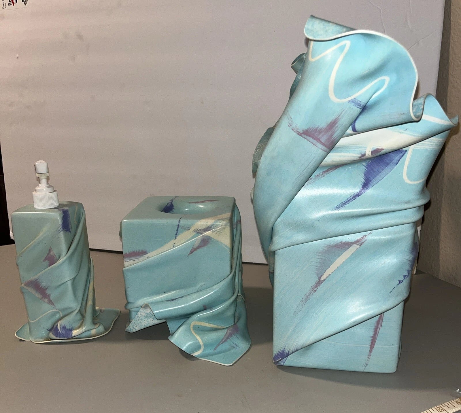Vintage Blue Green Swirl Tissue Box Holder Soap Dispenser Trash Bin Bath Set Art | eBay