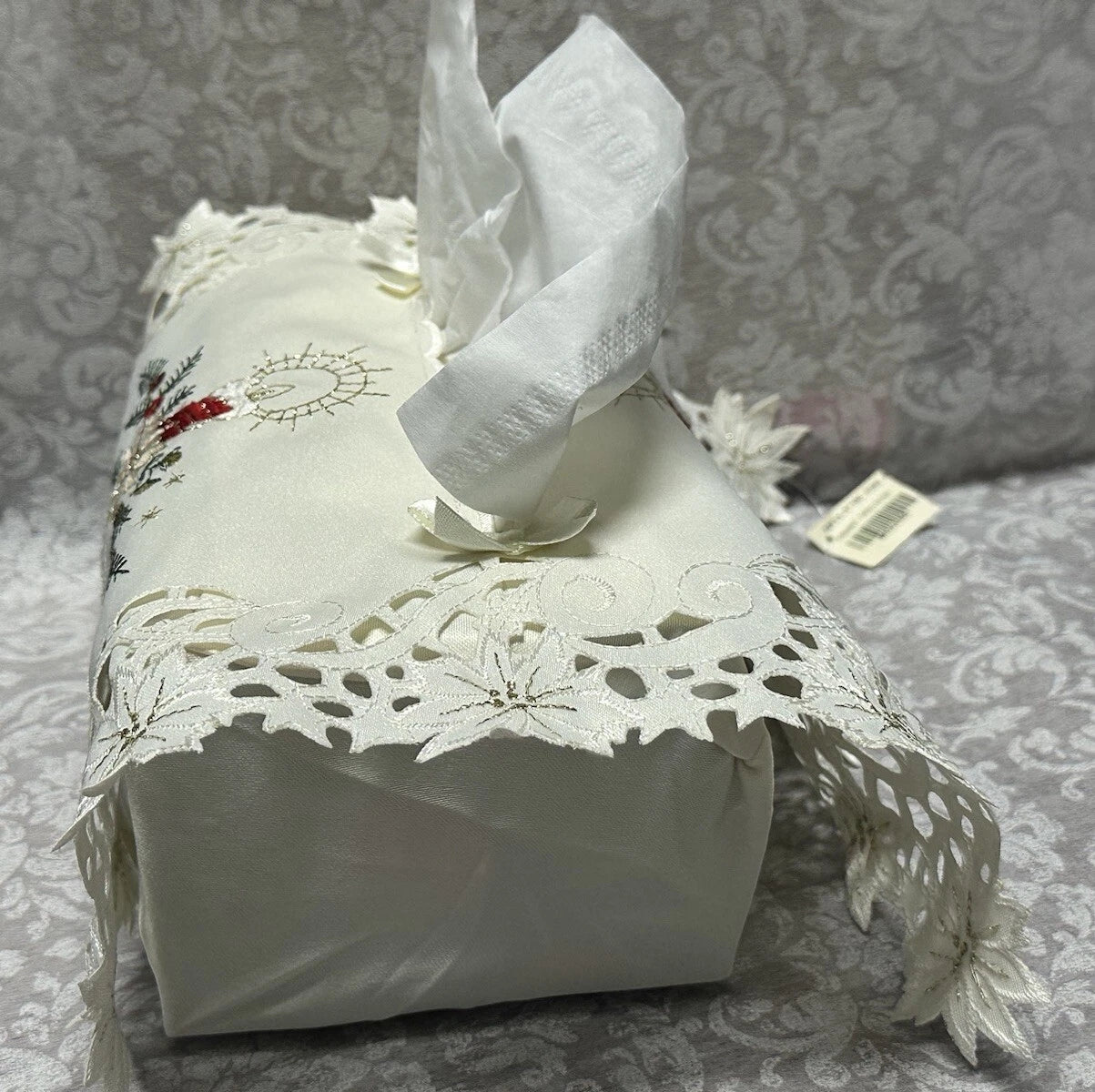 Vtg Hand Embroidery Tissue Box Cover Ornate Filigree Lace Christmas Candle New | eBay
