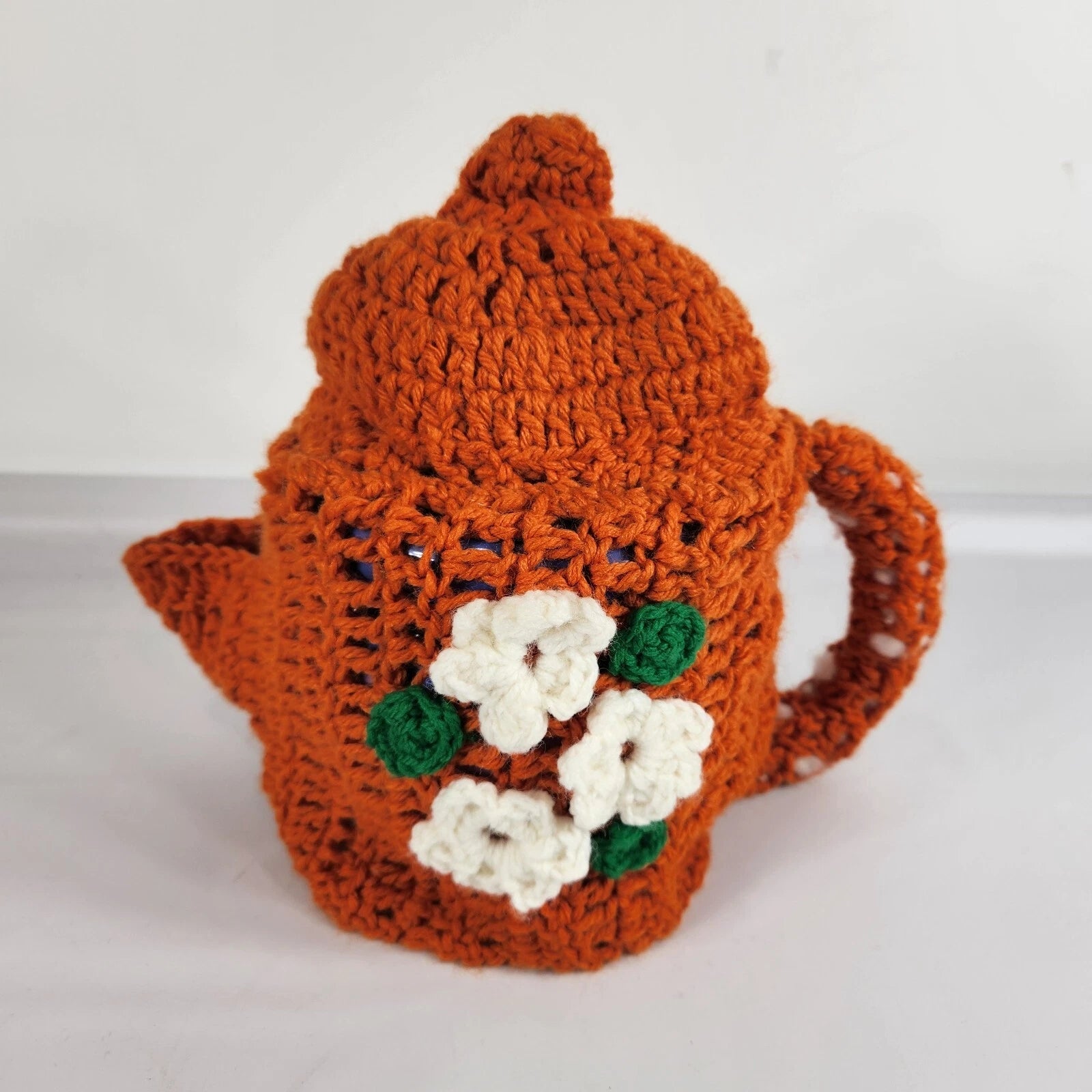 Vintage Handmade Crocheted Teapot Tissue Box Cover Orange W Flowers Grannycore | eBay