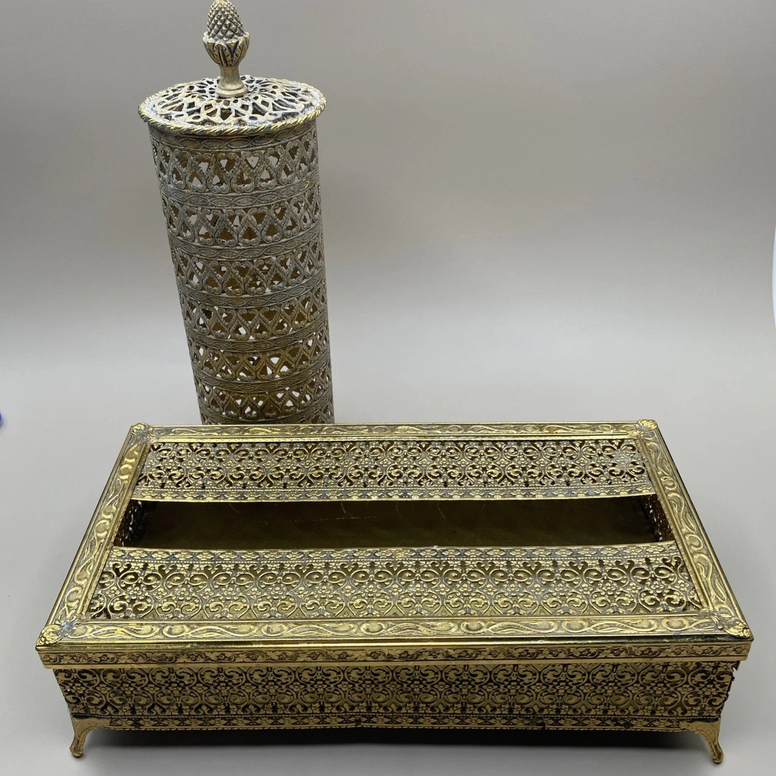 Hollywood Regency 2 Piece Bath Vanity Accessories Gold Tone Filigree Brass? | eBay