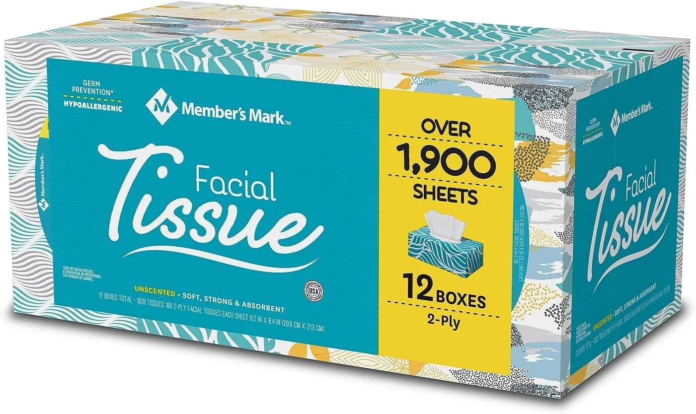 Member's Mark Facial Tissue 2-Ply Flat Boxes Unscented 160 tissues/box, 12 boxes | eBay