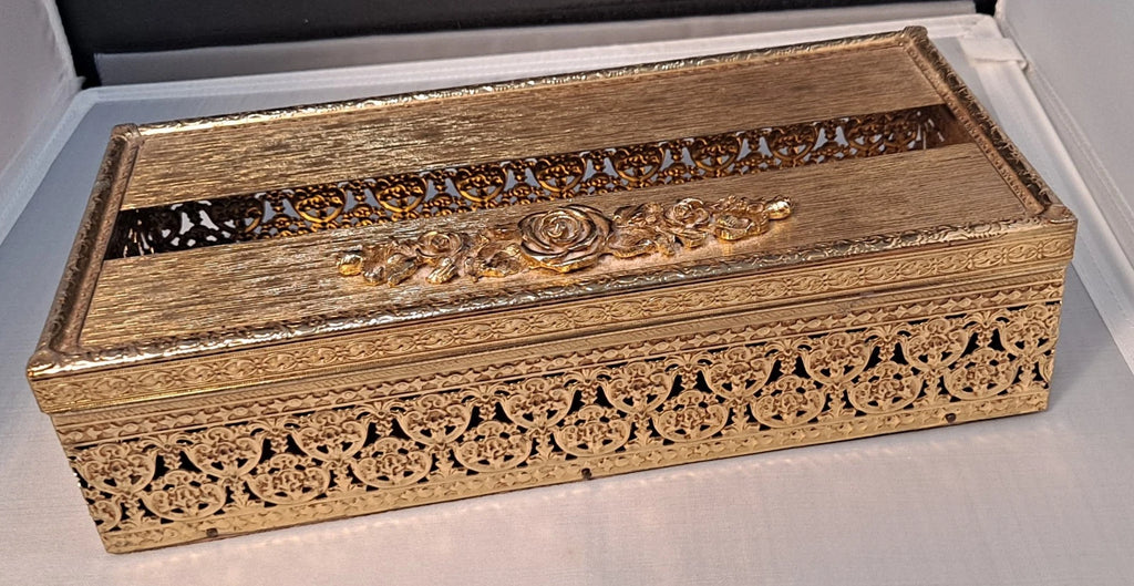 Vtg Gold Filigree Tissue Box Holder Gilted Hinged Hollywood Regency Flowers | eBay